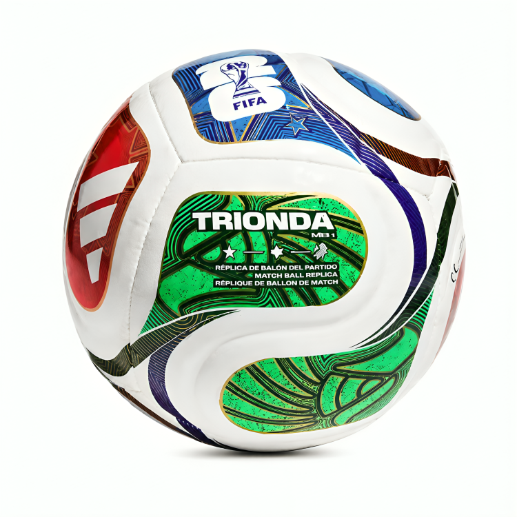 Colorful soccer ball with Trionda branding on a white background