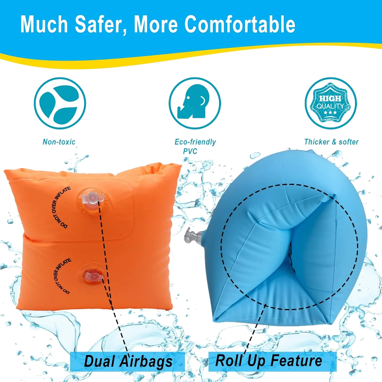 Orange and blue inflatable arm floats with safety features highlighted on a water-themed background.