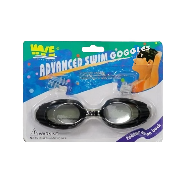 Packaged swim goggles with WVE branding on a white background