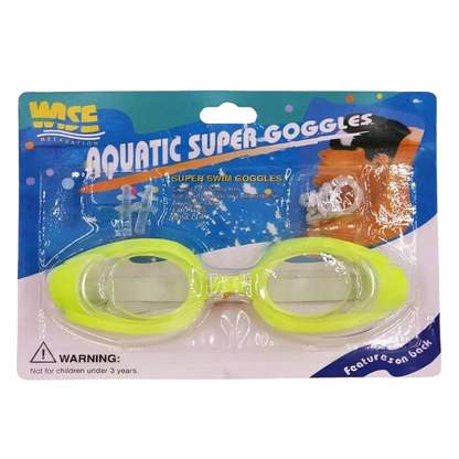 Packaged yellow goggles with WAVE branding on a blue and white background
