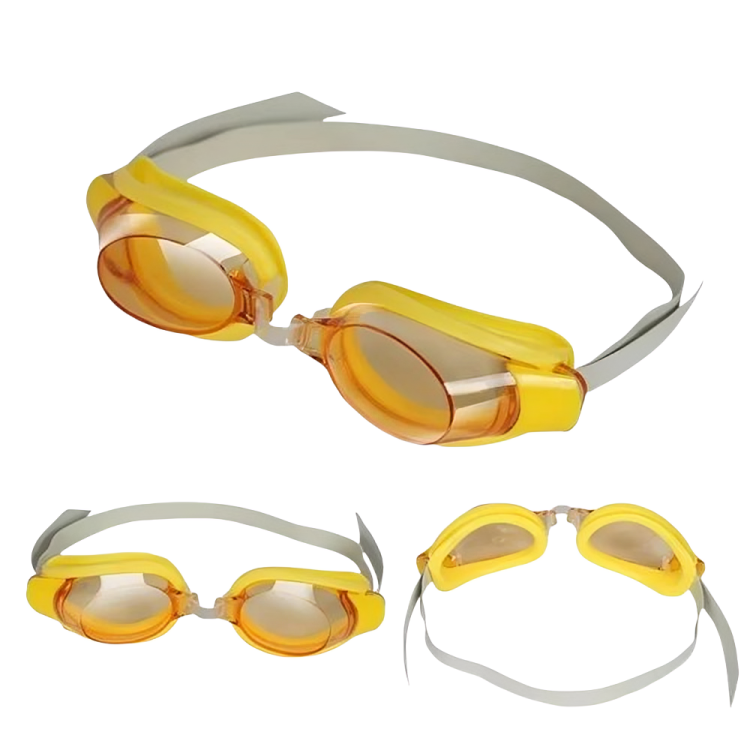 Yellow swim goggles with gray straps on a white background