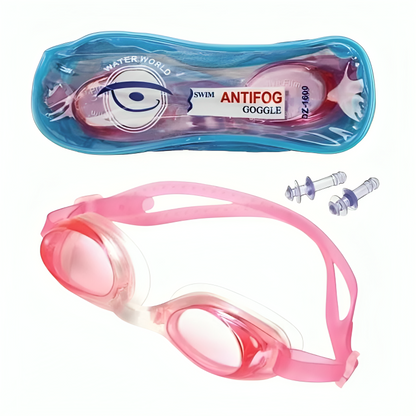 Pink swim goggles with blue case and accessories on a white background
