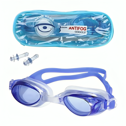 Blue swim goggles with protective case and earplugs on a white background