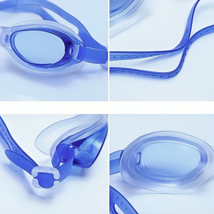 Close-up of blue swim goggles on a light blue background