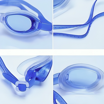 Close-up of blue swim goggles on a light blue background