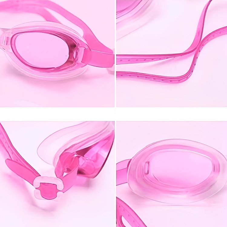 Pink swim goggles shown from different angles on a pink background