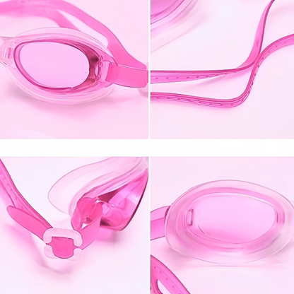 Pink swim goggles shown from different angles on a pink background