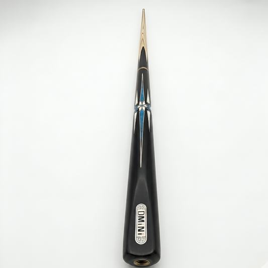 Black pool cue with gold tip on a white background