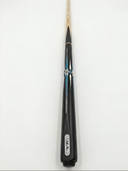 Pool cue with black and gold design on a white background