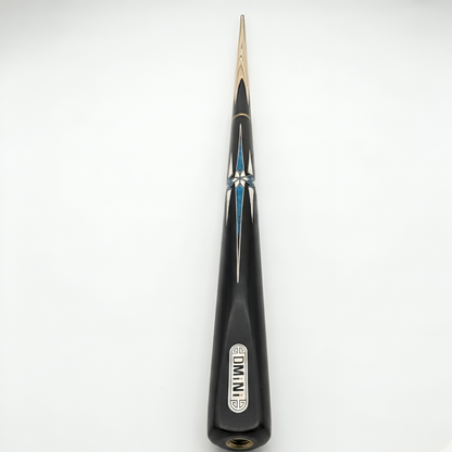 Black pool cue with gold tip on a white background