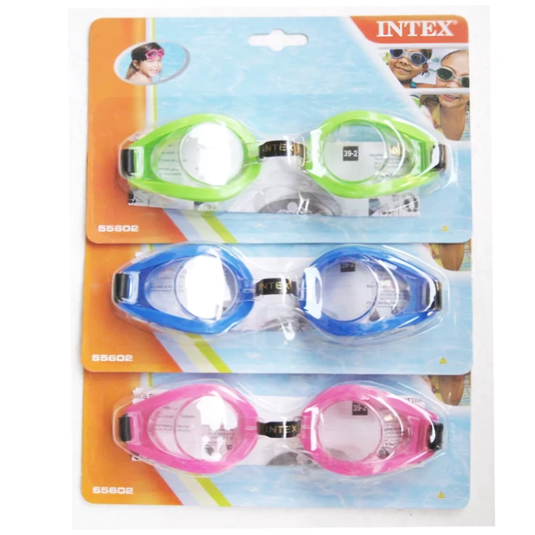 Three pairs of swim goggles in green, blue, and pink packaging with Intex branding.