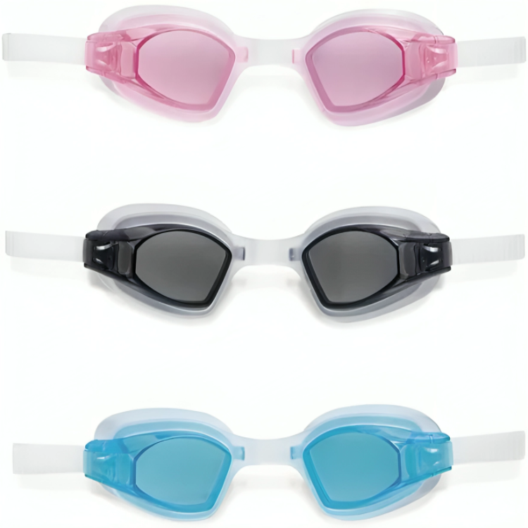 Three pairs of swim goggles with different colored lenses on a white background