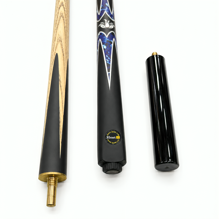 A three-piece pool cue set displayed on a clean white background, showing the full shaft, the butt cap, and the tip. The shaft features a black grip and lower section with a natural wood grain upper section, accented by a blue and white heart design near the top.