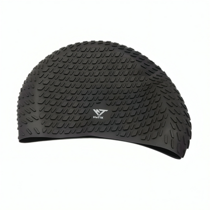 Black textured swim cap with a brand logo on a white background
