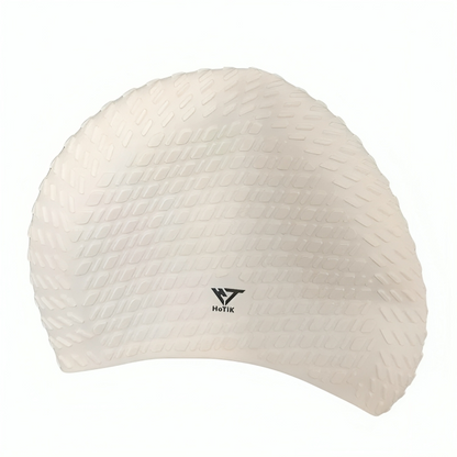 White textured swim cap with a brand logo on a white background