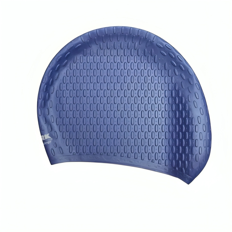 Blue swim cap with textured surface on a white background