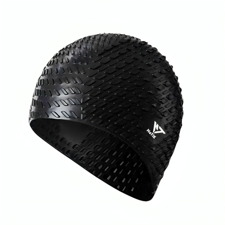 Black textured swim cap with a brand logo on a white background