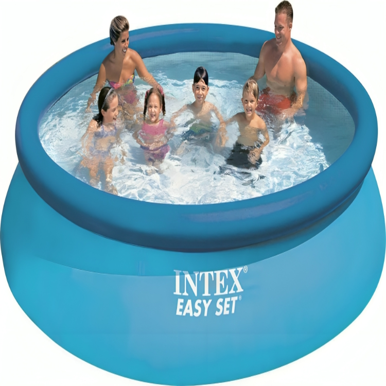 Inflatable pool with children and adults in it, featuring Intex branding.