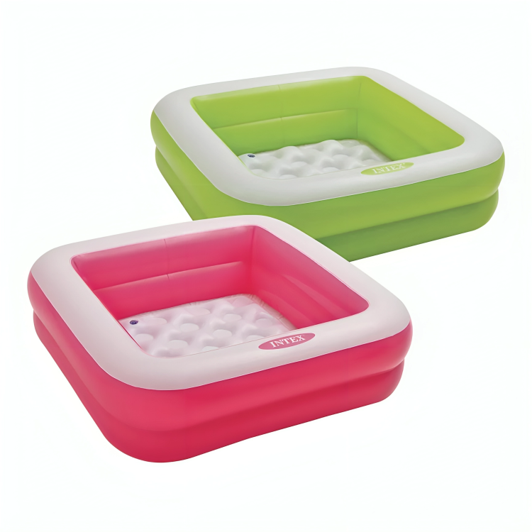 Two inflatable pools, one pink and one green, on a white background.