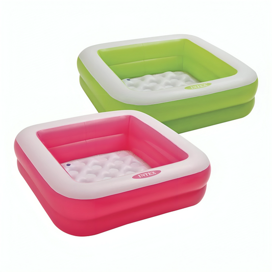Two inflatable pools, one pink and one green, on a white background.