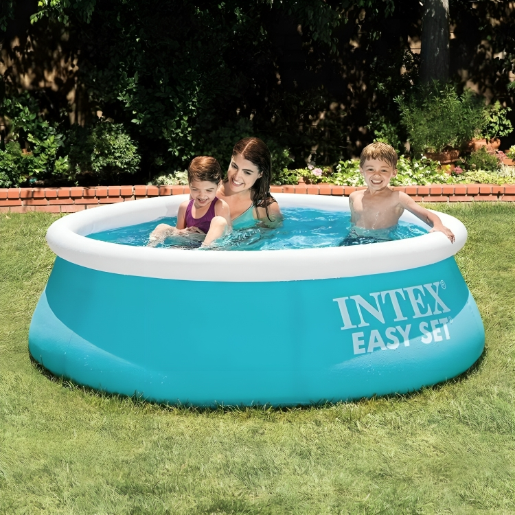 Family playing in an inflatable Intex Easy Set pool outdoors.