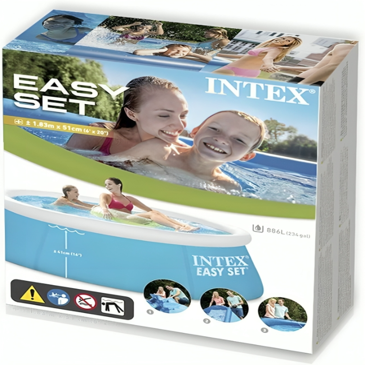 Intex Easy Set inflatable pool packaging with images of people using the pool.