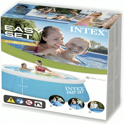 Intex Easy Set inflatable pool packaging with images of people using the pool.