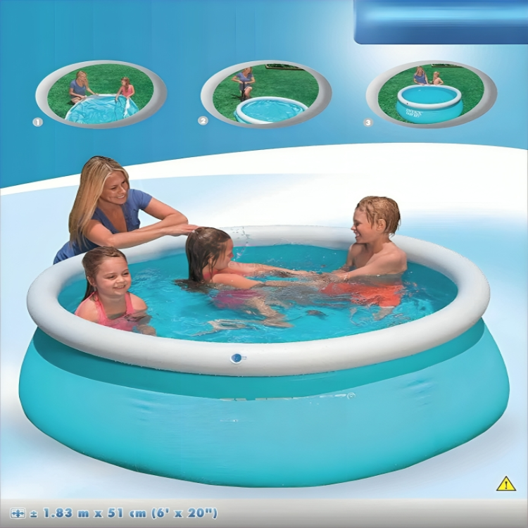 Inflatable pool with children playing and a woman supervising, surrounded by small circular images of the pool.