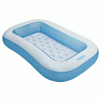 Inflatable air mattress with blue exterior and white interior on a white background
