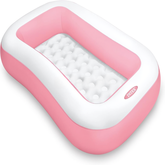 Pink and white inflatable mattress on a white background