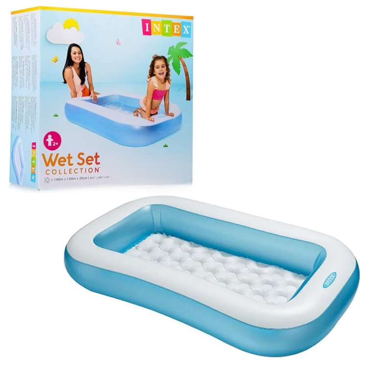 Intex inflatable pool with packaging featuring two children on a white background