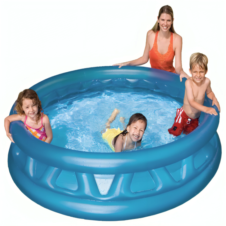 Children playing in a blue inflatable pool with a woman supervising.
