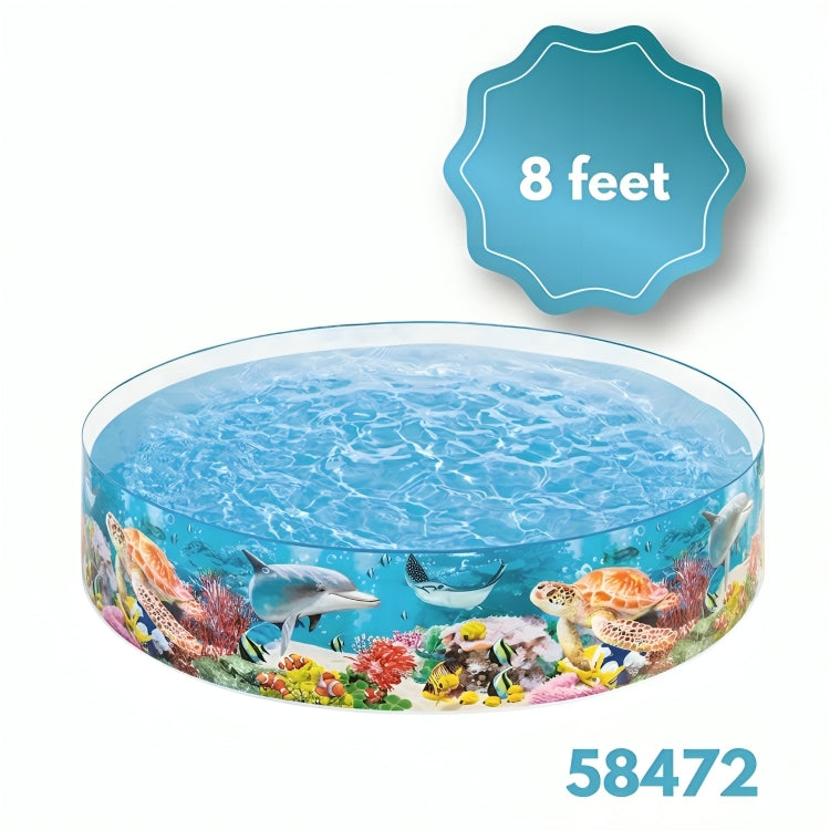 Inflatable pool with ocean scene design and '8 feet' label on a white background