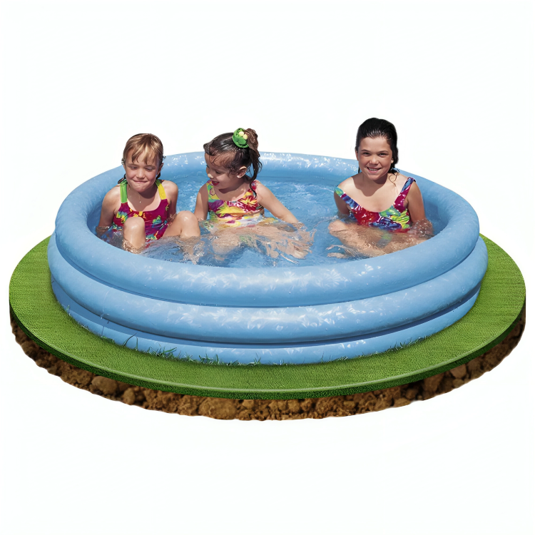 Three children playing in a blue inflatable pool on a grassy area.