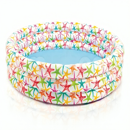 Inflatable pool with colorful starfish pattern on a white background