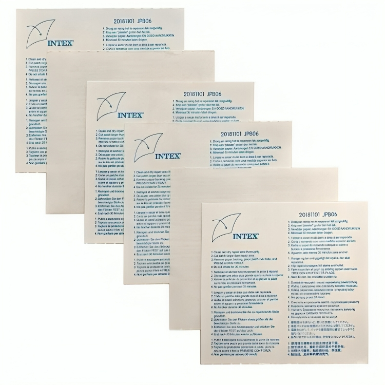 Multiple Intex product information sheets on a white background