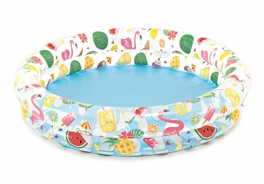 Inflatable pool with colorful fruit and flamingo pattern on a white background