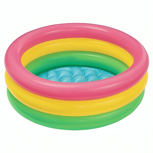 Inflatable children's pool with pink, yellow, and green rings on a white background
