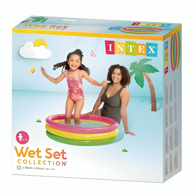 Intex inflatable pool packaging with two children playing in a pool on a beach background