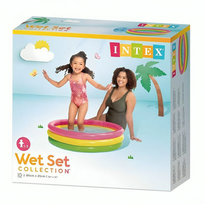 Intex inflatable pool packaging with two children playing in a pool on a beach background