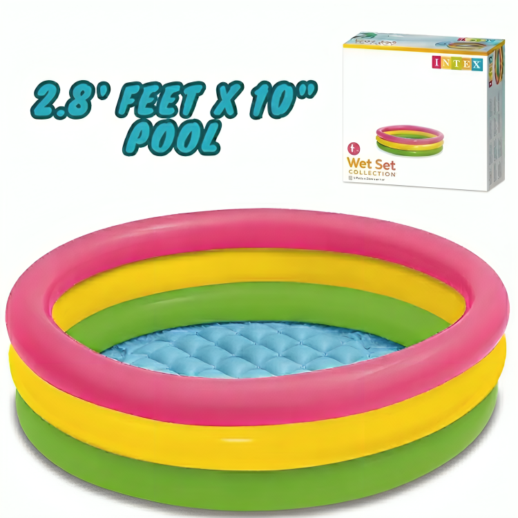 Colorful inflatable pool with Intex branding and product details on a white background