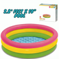 Colorful inflatable pool with Intex branding and product details on a white background
