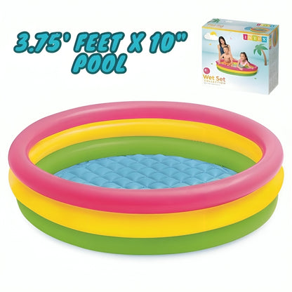 Inflatable children's pool with colorful rings and product packaging in the background.