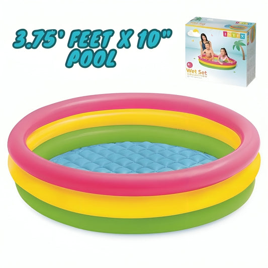 Inflatable children's pool with colorful rings and product packaging in the background.