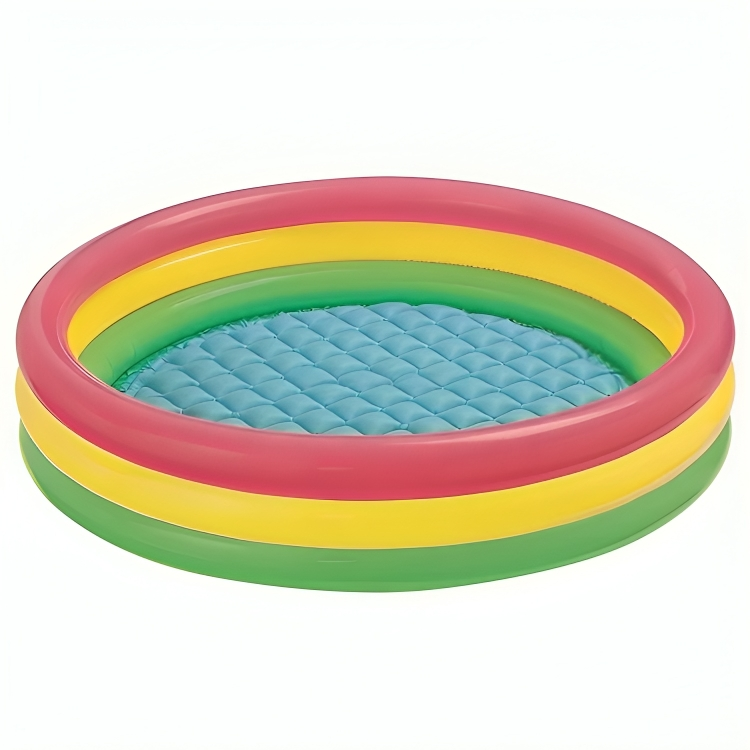 Colorful inflatable pool with pink, yellow, and green rings on a white background