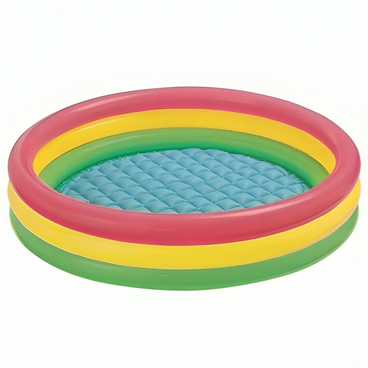 Colorful inflatable pool with pink, yellow, and green rings on a white background
