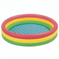 Colorful inflatable pool with pink, yellow, and green rings on a white background