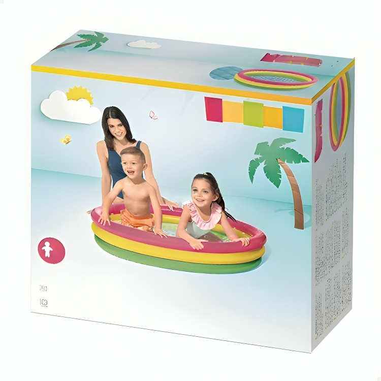 Box for a children's inflatable pool with a family on a beach