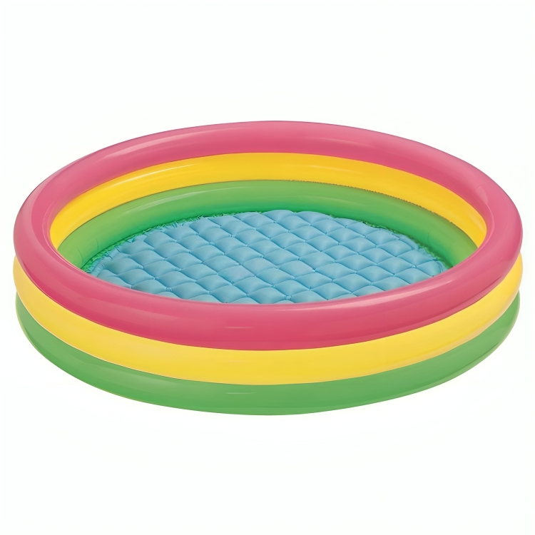 Colorful inflatable pool with pink, yellow, and green rings on a white background