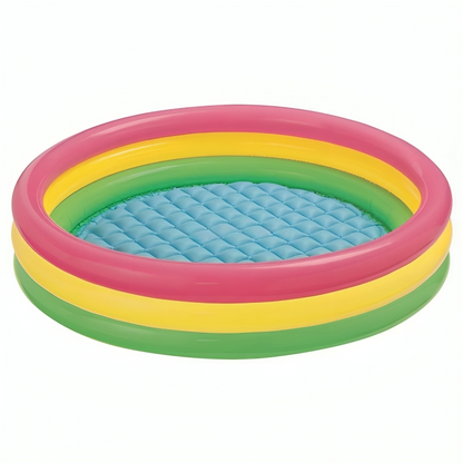 Colorful inflatable pool with pink, yellow, and green rings on a white background
